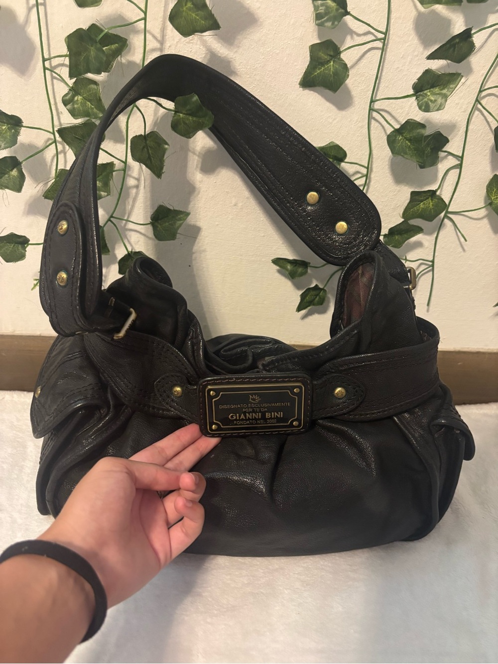 Gianni Bini Black Leather Shoulder Hobo with Gold Plaque